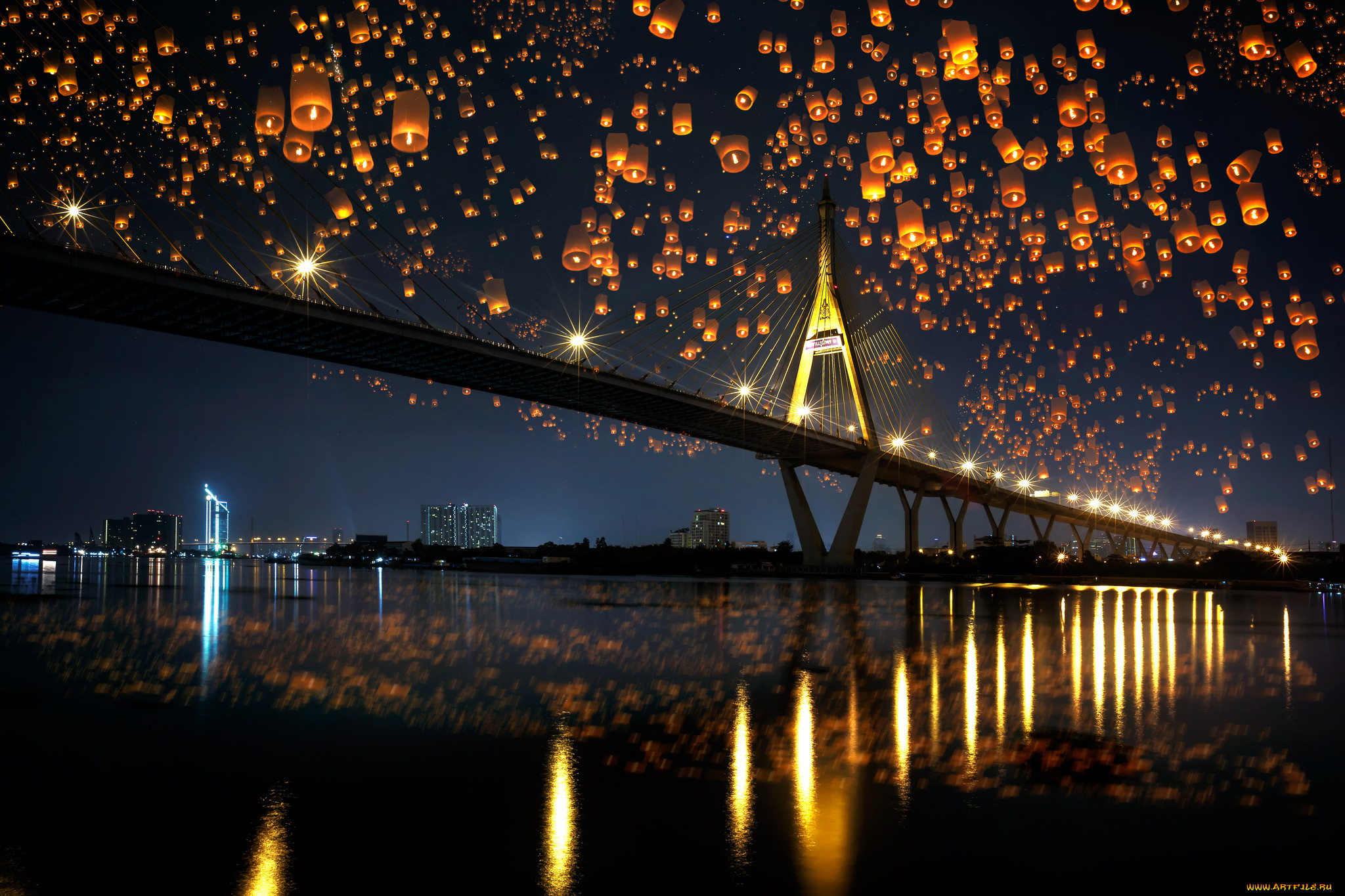 , - , bridge, , , , , reflection, city, , , lights, night, river
